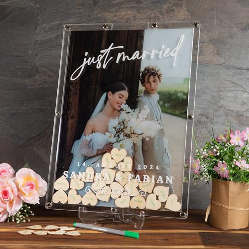 Gästebuch Hochzeit Personalisiert | Mit eigenem Foto | Hochzeit Gästebuch Alternative mit 70 Holzherzen | Hochzeitsgästebuch mit Personalisierung aus Acrylglas | Deko für Hochzeitsempfang