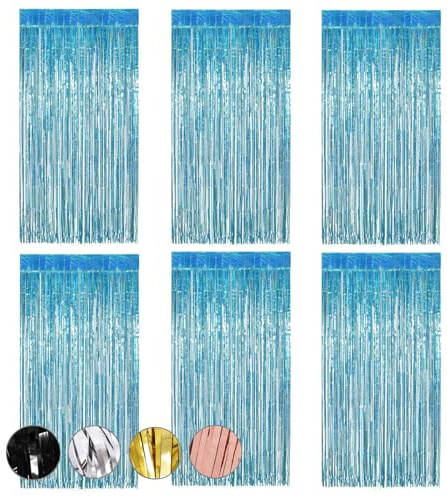 Lametta Vorhänge, 6 Stück Metallische Glitzervorhang Fringe 1m x 2m, Aluminiumfolie Quasten, Geburtstag, Hochzeit Party Dekoration, Geeignet für Weihnachtsbaum, Bühne, Halloween Dekoration (Hellblau)