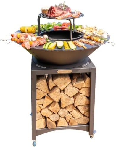 Mon Mobilier Design Fiesta Brasero Top con Piastra e Griglia Rimovibile in Acciaio Barbecue Piastra Esterna Ø 75 cm