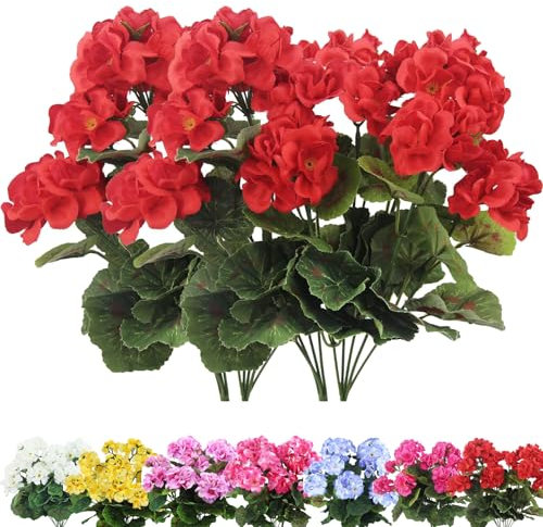 Künstliche Geranien, 35,6 cm, Seiden-Geranie, UV-beständig, kein Verblassen, Kunstblumen, volle Blüten, Seidenblumensträucher für Innen- und Außendekoration, 4 Stück, Rot