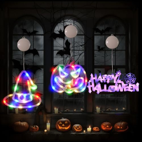 Halloween Fensterdeko Licht mit Saugnapf,3er-Pack Halloween Deko Innen,Halloween Fensterlichter,Halloween Lichterkette Kürbis,Batteriebetriebene Innenbeleuchtung für Halloween-Fensterdekoration