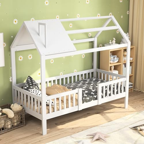 KEFSR Einzelbettgestell in Hausform, weiß lackiert, Fee, niedriges Loft-Bettgestell mit Dach, Holzlattenstütze, Haus Märchenbett für Mädchen, Jungen, kein Boxspringbett erforderlich