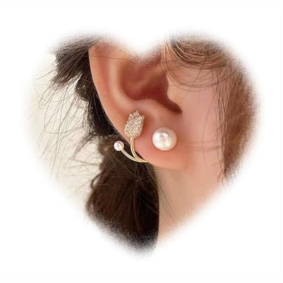 W WEILIRIAN Bohemian Blumenperle Jacke Ohrringe Vintage Perle Ohrringe Kristall Blumenohrringe Gold Perle Ohrringe Strass Tulpen Ohrringe Perle Vorderseite Ohrringe Schmuck for Frauen