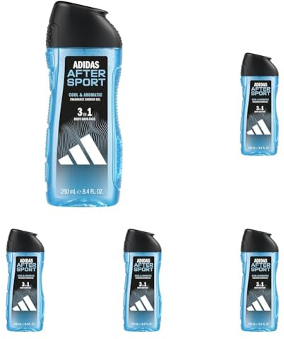 Adidas, After Sport Gel Doccia Bagnoschiuma 3 in 1 per Corpo, Capelli e Viso, Formula Vegana, 250ml (Confezione da 5)