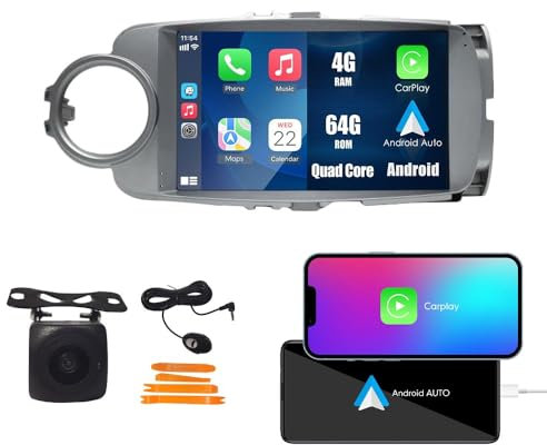 [4G 64G] Android Auto Stereo FM Radio Carplay Android Auto 9 Touchscreen Headunit Lettore multimediale con Fotocamera di backup per Toyota Yaris 2012 2013 2014 2015 2016 2017