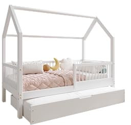 TIMBEE ZOJA - Duo Holzbett - in Hausform mit Rundstäben und Einer Schublade - Skandinavischer Stil - Massive Konstruktion aus Naturholz - Option mit Schlaffunktion - Weiß - 90x180cm