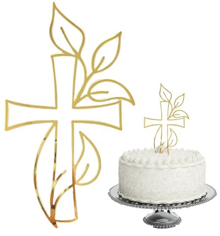ZORVUJI Deco Communion Baptême Décoration Gâteau Croix Or pour Première Communion Fille Garçon, Décoration Acrylique avec Design Feuilles pour Mariage Fête