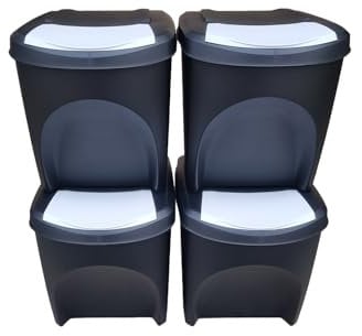 Stolmet Large Stackable Recycling Bins Set of 4x25L (Brand KrysGo) - Customizable Lids with Recycling Stickers - Waste Sorting for Home, Kitchen, Office (Black + White)