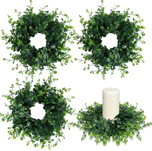 Kerzenringe für Frühling und Sommer, grüne Buchsbaumkränze, 7,6 cm, grüne Buchsbaumkerzenringe, Säulen, Küchenschrank, Kränze, Mini-Kerzenkranz für Hochzeit, Party, Dekoration, 4 Stück