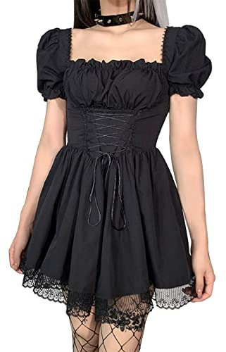 XKBHYD Gothic Kleid Damen Eckiger Ausschnitt Schnürsenkel Corsagenkleid Spitzenbesatz Piratenkostüm Milkmaid Dress Vintage Party Kleider