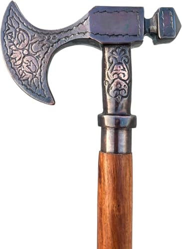 Decorative Viking Axe Walking Stick, Antique Bronze Handle with Carved Design, Wooden Foldable Cane, Red Wood