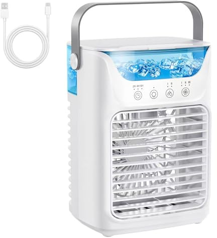 Climatiseurs portables, refroidisseurs d'air personnels, silencieux, 4 en 1, par évaporation, avec 3 vitesses de vent, grand réservoir d'eau, veilleuses LED, minuterie 2-4-6 heures,Blanc,21in