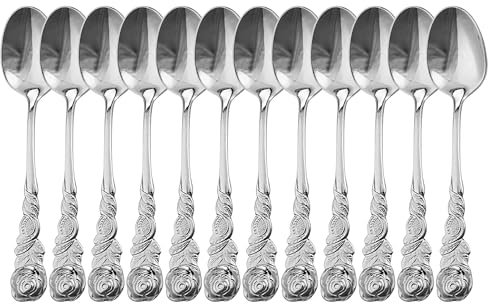 GRÄWE Espressolöffel 12-teilig, kleine Löffe, Mini-Löffel Set, Dessertlöffel, Edelstahl, Serie Rosendekor, silberfarben