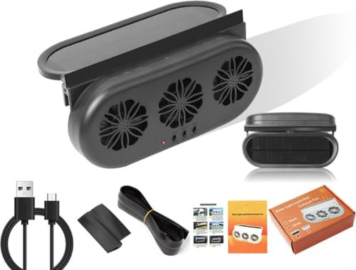 Ventilador extractor de aire solar para coche, diseño de triple cabezal para un mejor flujo de aire, USB y opciones de carga dual de 12 V, construcción ABS (23 x 11,3 x 5,2 cm), apto para la mayoría