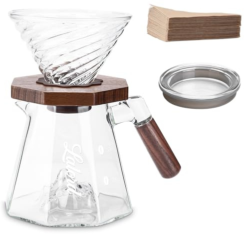 Lalord Pour Over Kaffeebereiter, 600 ml Borosilikatglas-Set mit 100 Stück V02-Papierfilter, Walnussholzkragen & Glasdeckel, Tropfkaffeemaschine, 1-3 Tassen, transparent (B-600 ml Set)