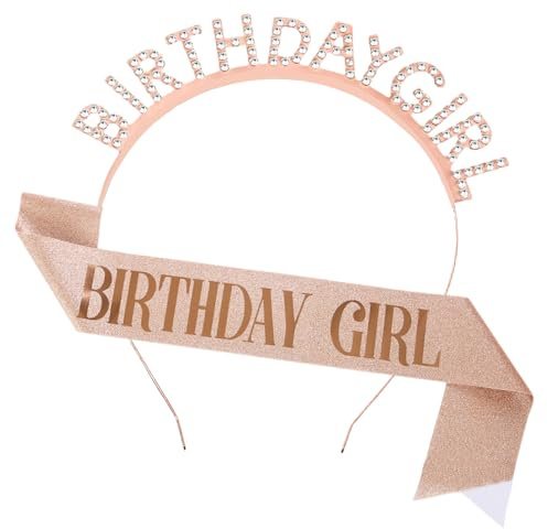 Couronne et Écharpe d'Anniversaire, Queen Echarpe Anniversaire Kit Paillettes, Happy Birthday Decoration pour Fille Femme Décoration de Fête (or rose)