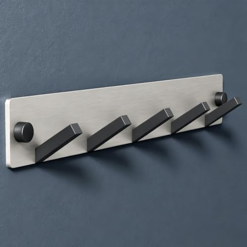 doporro Garderobenleiste aus Edelstahl, 5 Garderobenhaken Zwei Farben 30 cm | Kleiderhaken zum Kleben oder Bohren, Hakenleiste Wandgarderobe für Bad Küche Flur, Matt schwarz+Nickel gebürstet Stalo-05