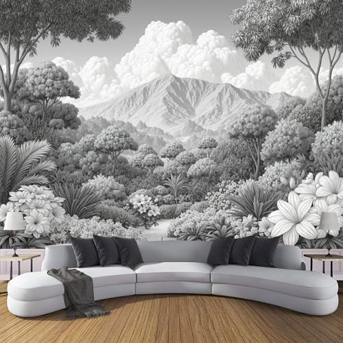 DLERFLOVR 3D Papier Peint Jungle Dense, 300x210cm Papier Peint Panoramique Montagnes Tropicales En Noir Et Blanc Papiers Mural pour Salon Chambre Chambre D'Enfant Décoration Murale, Gris Foncé