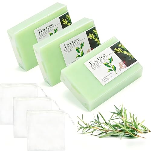 3Pcs Tea Tree Soap with Foaming Net,Natural Tea Tree Oil Soap Controls Oil Clears Pores Prevents Breakouts Soothes Fresh Skin for Face Body Hand-Women Me