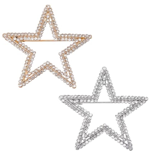 FINGERINSPIRE 2 pcs Broche Épingle Étoile Strass 43x43.5mm Alliage Étoile Broche Couleurs Or Clair et Platine Broches Épingle revers Étoiles Strass pour Robe Mariage Fête Vacances Cérémonie Tenue