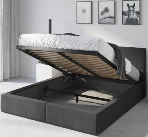 Interbeds Polsterbett 120x200 cm mit Bettkasten und Lattenrost – Stauraumbett Doppelbett in Grau Pflegeleichter Samtbezug Gepolstertes Bettgestell belastbar bis 300 kg ohne Matratze (Grau, 120x200)
