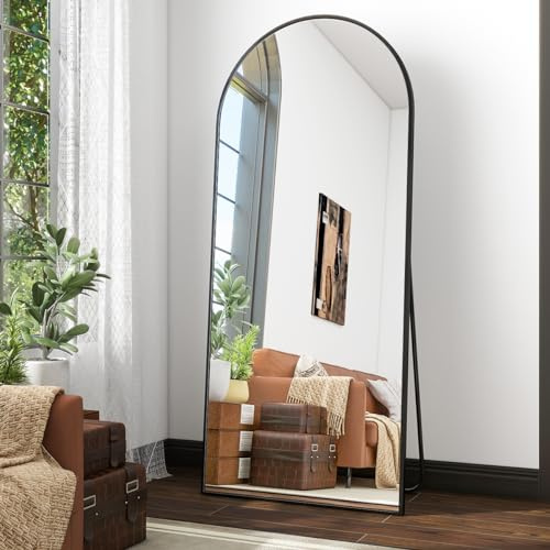 Koonmi Ganzkörperspiegel Bogen 170 x 70 cm Schwarz, Aluminiumrahmen | mit Ständer, zum Anlehnen oder Aufhängen, Aluminiumrahmen, Sicherheitsglas für Schlafraum, Ankleide, Wohnzimmer und Flur