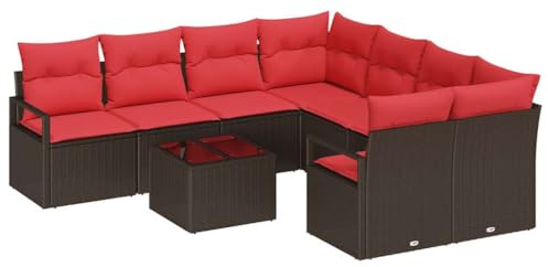 vidaXL Sofa Set mit Kissen 9 pcs Braun und Rot Poly Rattan, Garten- undTerrassenmöbel-Set, moderner Rattansofa, leichtes Lounge, UV-beständig, perfekt für draußen