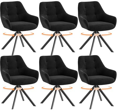 MALOL Drehbare Esszimmerstühle 6er Set, 360° Drehbare Armlehnstühle mit weichem Florstoff & Metallgestell, Bequeme Esszimmerstühle Drehbar mit Rückenlehne für Küche, Esszimmer, Büro, Schwarz