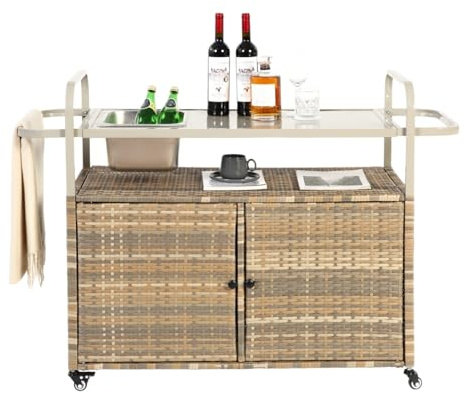 Gecheer Outdoor Bartisch mit Eiswürfelbehälter, Wetterfester Servierwagen Beistelltisch PE-Rattan, Arretierbare Rollen für Garten Terrasse Poolparty Grillabend Hinterhof, Beige