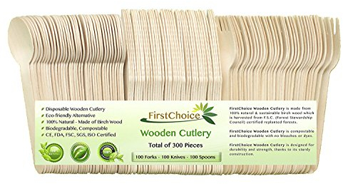 300-Piece Disposable Wooden Cutlery Set [100 Forks, 100 Spoons, 100 Knives] Eco Friendly Bamboo Biodegradable Compostable Supplies, Camping BBQ - Use with Party Paper Plates, Paper Bowls