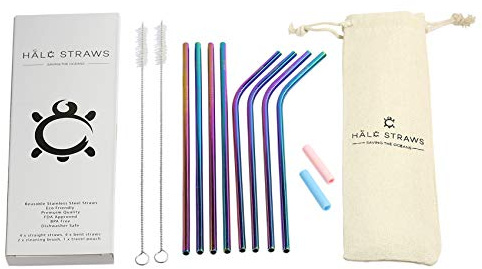 Reusable Stainless Steel Straws (8 Pack) with Travel Pouch, Cleaning Brushes & Silicone Tips – Metal Drinking Straws for Smoothies, Cocktails, Iced Coffee & Travel – Rainbow