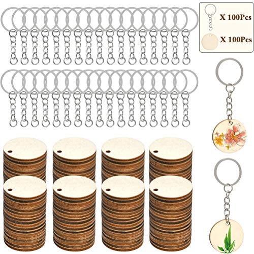 FOCCTS 100 Stück Holzscheiben Handwerk Holzplättchen mit Loch Baumscheiben für DIY Basteln Malen DIY Handwerk Dekoration, Holzspan mit Schlüsselanhänger Kombination Set