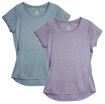 icyzone Damen Fitness Sport T-Shirt Kurzarm Laufshirt Gym Training Funktion Shirt, 2er-Pack (XL, Violett/Navy)