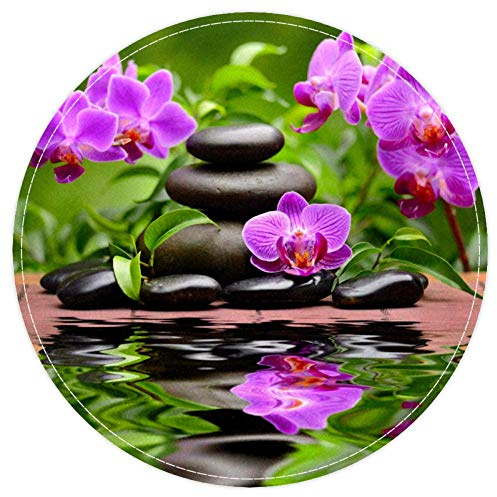 EZIOLY Zen Basalt Steine und Orchidee, rutschfest, waschbar, rund, Badvorleger für Wohnzimmer, Schlafzimmer, Küche, Baby-Spielzimmer, 40 x 40 cm