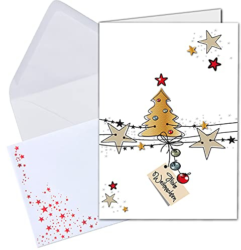 NEUSER PAPIER 20x Weihnachtskarten-Set DIN A6 in Weiß mit Weihnachtsbaum und Sternen - Faltkarten mit Umschlägen DIN C6 in Weiß mit roten Sternen - Weihnachtsgrüße für Firmen und Privat