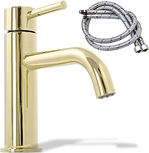 Rea Waschtischarmatur LUNGO L.GOLD LOW Wasserhahn Bad Badarmatur aus Messing Armatur für Waschbecken Badezimmer Mischbatterie Waschbecken Einhebel (Gold Glänzend)