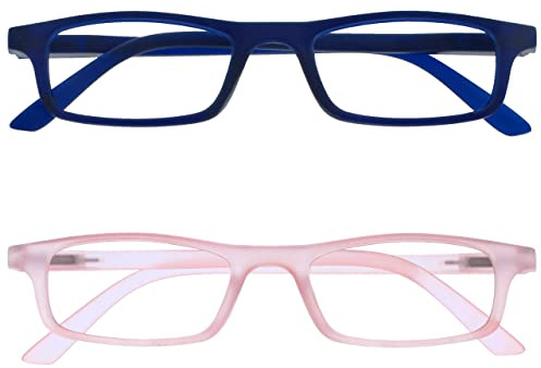 OPULIZE Ted Reading Glasses 2 Pack Narrow Matt Lightweight Frame Navy Blue Transparent Baby Pink Spring Hinges Scratch Resistant Mens Womens RR17-34 +1.50