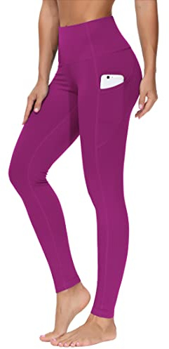 THE GYM PEOPLE Thick High Waist Yoga Pants with Pockets, Tummy Control Workout Running Yoga Leggings for Women (Large, Fuchsia)