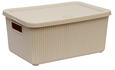 M1SS 7L Litre Small Storage Box with Lid And Handle Rib Box Stackable BPA Free Virgin Plastic Boxes For Home and Office Use. (28cm x 20cm x 14cm) (Beige)