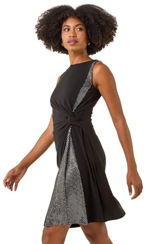 Roman Originals Side Twist Sleeveless Glitter Dress for Women UK - Ladies Everyday Holiday Autumn Winter Pull-On Round Neck Comfy Soft Evening Vacation Work Party