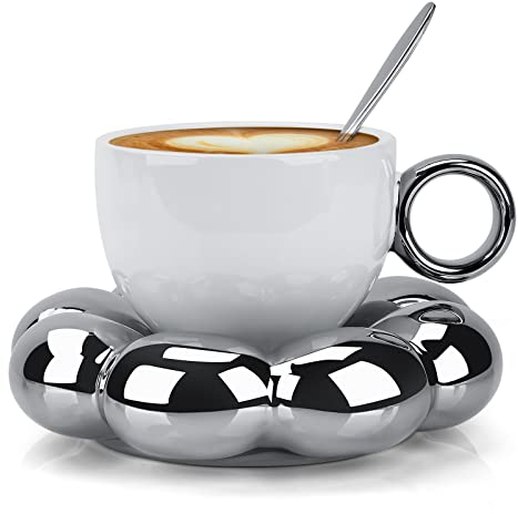 Linkidea Ensemble tasses à café en forme fleur avec poignée en métal argenté, 200 ml, tasse à thé créative en porcelaine de l'après-midi, ensemble de tasses en céramique pour bureau, maison (argent)