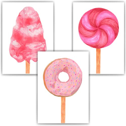 Candy 3er Set Bilder Zuckerwatte Donut Lollipop Süßigkeiten Kinderzimmer Deko DIN A4 Poster Babyzimmer Wandbilder Wandkunst Kinderposter