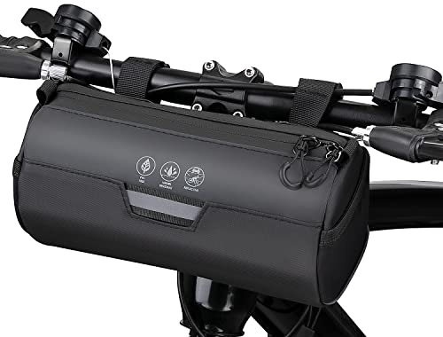 WOTOW Bike Handlebar Bag Waterproof - Bicycle Handlebar Roll Bag with Large Reflective Area, Bike Front Pouch with Waterproof Zipper Shoulder Strap Removable Straps for Cycling (Cylinder, 2.4L)