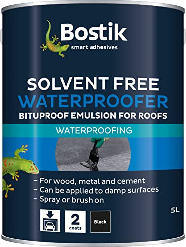 Bostik Solvent Free Waterproofer, Flexible Bitumen Emulsion for use on All Common roof Surfaces, Can Be Applied To Damp Surfaces, Dark Brown in Colour but Dries to Form a Black Finish 5 Litre