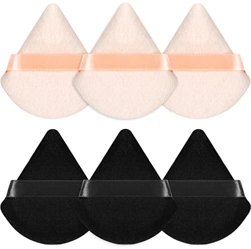 Sularpek Makeup Puff, 6 pcs Soft & Reusable Triangle Powder Puff, Reusable Foundation Sponge with Strap, Triangle Sponges for Loose Powder Cosmetic Foundation Wet Dry Makeup (Black, Color of Skin)