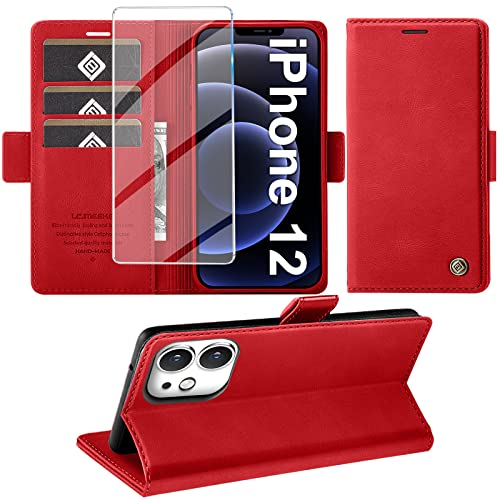 Giyer Handyhülle für iPhone 12/12 Pro Hülle mit Schutzfolie, Standfunktion Kartenfach Wallet Premium Leder Schutzhülle für iPhone 12/12 Pro 5G 6.1 Zoll Flip Case Cover Stoßfeste Klapphülle (Rot)