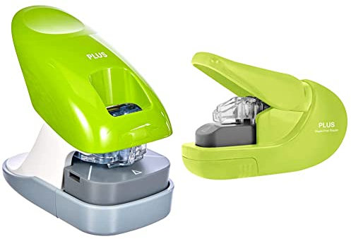 PLUS Japan, Klammerloser Hefter Schreibtischmodell in Grün, Heftleistung 10 Blatt, 1er Pack (1 x 1 Hefter) &, Klammerloser Hefter in Grün, Heftleistung 5 Blatt, 1er Pack (1 x 1 Hefter)