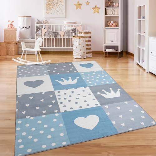 Paco Home Tapis Chambre Enfant Bebe Fille Garcon Antidérapant Arc-en-Ciel Coeur Pois, Dimension:80x150 cm, Couleur:Bleu
