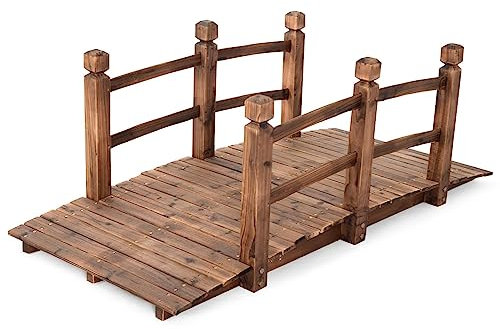 GiantexUK 1.5M Wooden Garden Bridge, Decorative Arc Footbridge with Safety Guardrails, Outdoor Bridge Walkway for Ponds Streams Borders (Wooden Railings, Brown)