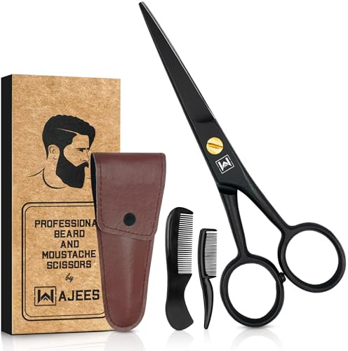 WAJEES Mustache & Beard Scissors for Men – Professional 5 Stainless Steel Grooming Kit with Comb & Travel Case – Sharp Facial Hair Trimming Tool for Mustache, Beard, Nose & Eyebrows